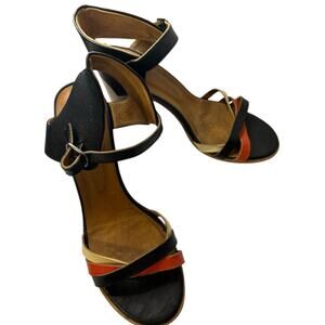 Coclico Spain multi color leather strappy stacked heel sandals. Size 41/10.5